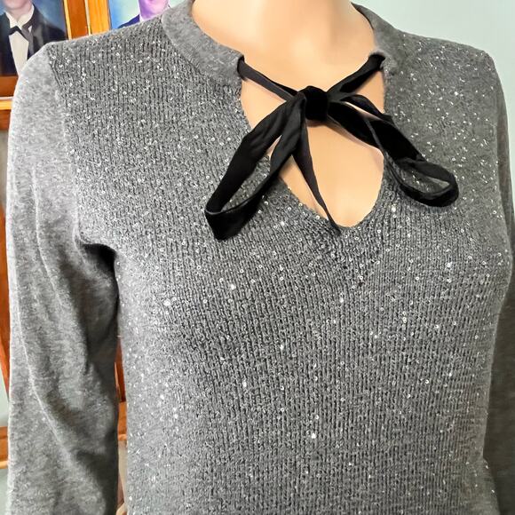 MICHAEL Michael Kors Sequined Velvet Tie Pullover Sweater Preppy Date Night P/S - Picture 2 of 5